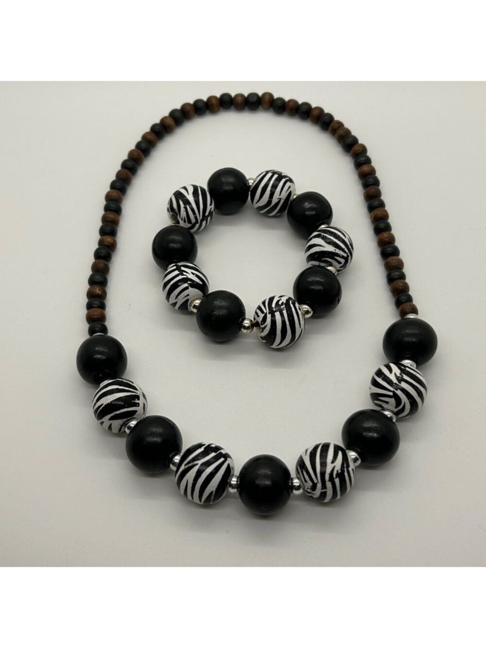 Chunky Black White Zebra Print Wood Beads Stretch Necklace Bracelet Jewelry Set